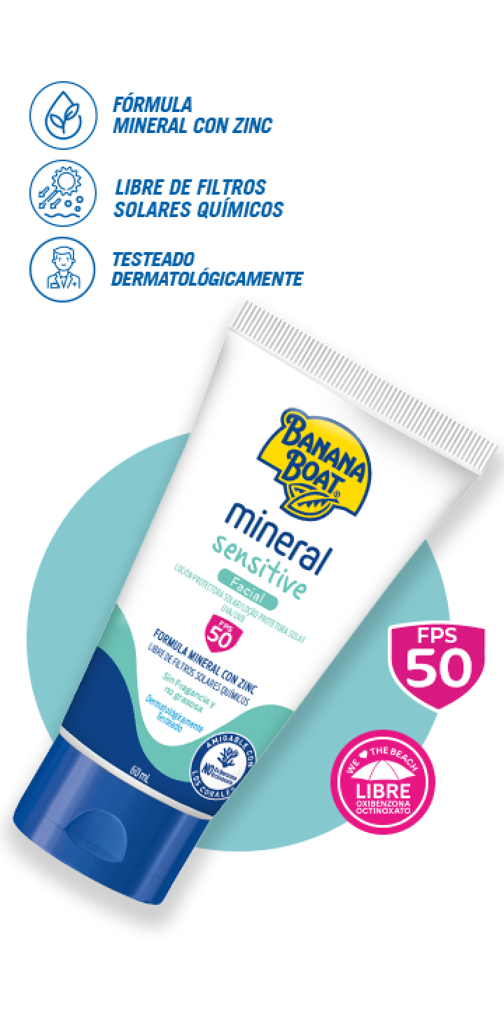 La fórmula de Banana Boat Mineral Sensitive, esta dermatológicamente testeado, libre de filtros solares químicos para uso diario.