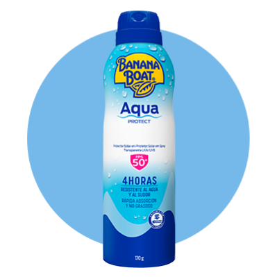 Aqua Protect Spray ideal para llevar a tus paseos, brinda protección contra el sol y resistencia al agua con un FPS de 50