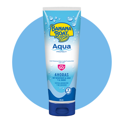 Aqua Protect Loción ideal para llevar a tus paseos, brinda protección contra el sol y resistencia al agua con un FPS de 50