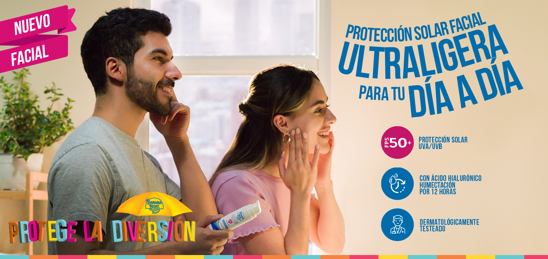 Banner promocional de Banana Boat Face Fluid, protector solar para el rostro