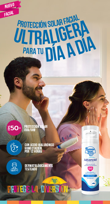 Banner promocional de Banana Boat Face Fluid, protector solar para el rostro