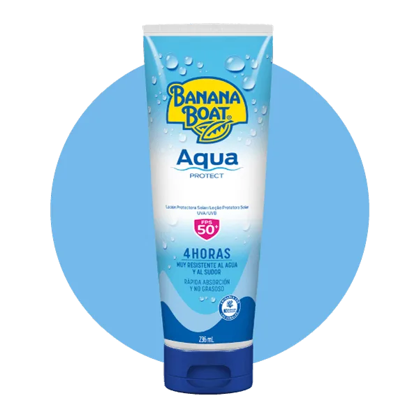 Aqua Protect Loción ideal para llevar a tus paseos, brinda protección contra el sol y resistencia al agua con un FPS de 50