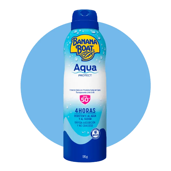 Aqua Protect Spray ideal para llevar a tus paseos, brinda protección contra el sol y resistencia al agua con un FPS de 50