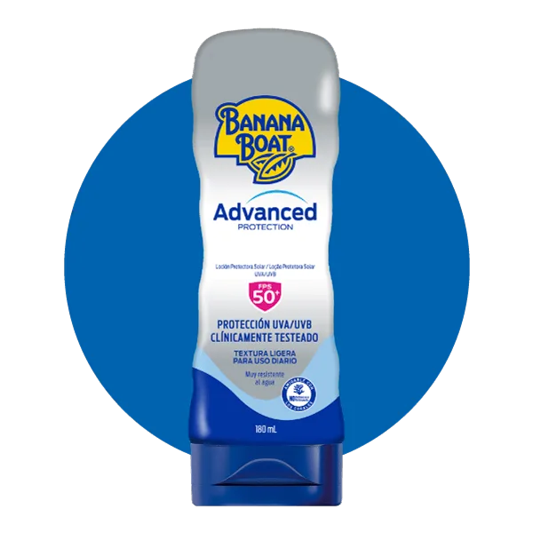 Producto Advanced Protection en loción con un FPS de 50 en presentación de 180 mL, clínicamente testeado y textura ligera.